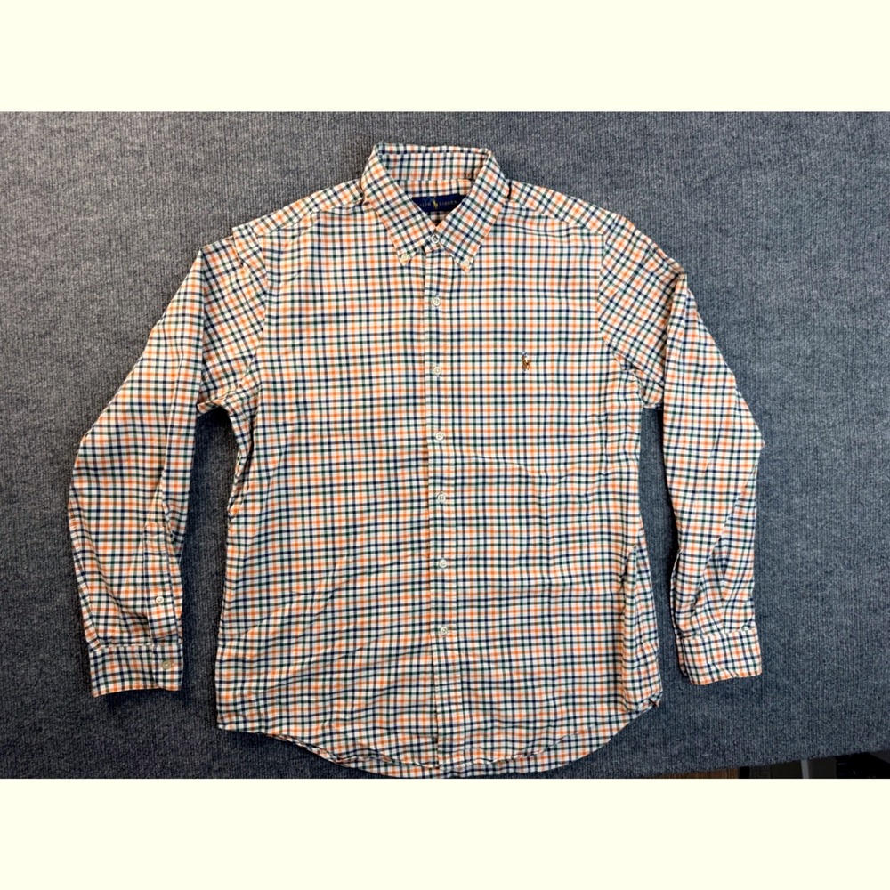 Ralph Lauren Mens Large Orange Green Plaid Gingham Cotton Button Down Shirt L